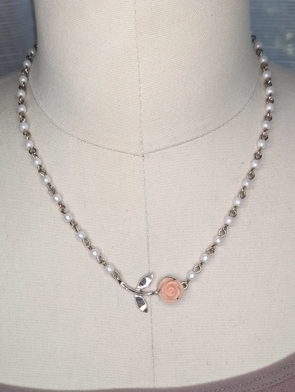 Elegant Silver Necklace with Peach Rose and White Beads - Women Jewelry